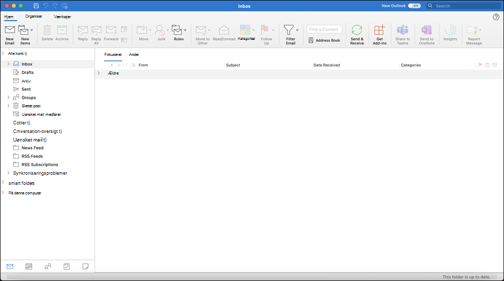 Outlook 2021 til Mac-vindue med Indbakke vist
