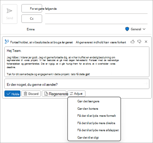 Viser den klassiske mailside i Outlook med en Copilot-kladde og juster indstillingerne vist.