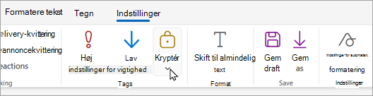 Værktøjslinjen Ny mail har en krypteringsknap, hvor du kan vælge krypteringsindstillinger.