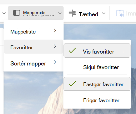 Skærmbillede af rullemenuen Mapperude med Vis favoritter og Fastgør favoritter markeret
