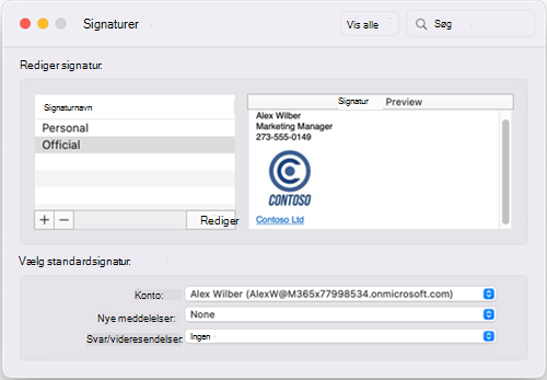 Vinduet Standardsignaturer i Outlook til Mac