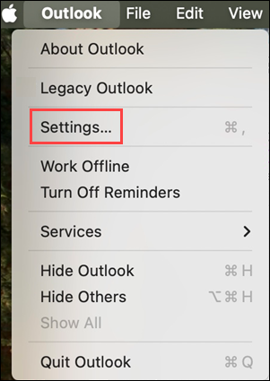 Menupunktet Indstillinger i Outlook til Mac