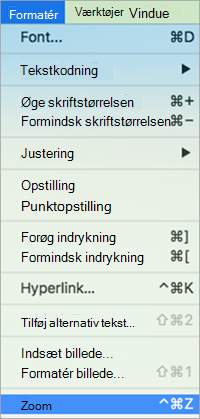 Viser valg af Zoom i menuen Formater