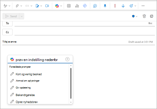 Viser siden Ny Outlook-mail med et promptvindue åbent, hvor du normalt begynder at skrive din mail.