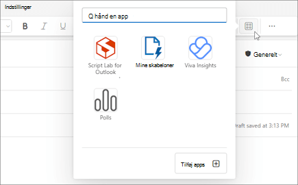 Pop op-menuen Apps fra båndet i en meddelelse, der er skrevet i Outlook på internettet og i det nye Outlook til Windows.