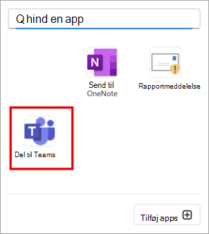 Vælg Del i Teams for at dele en mail i Outlook til Teams.
