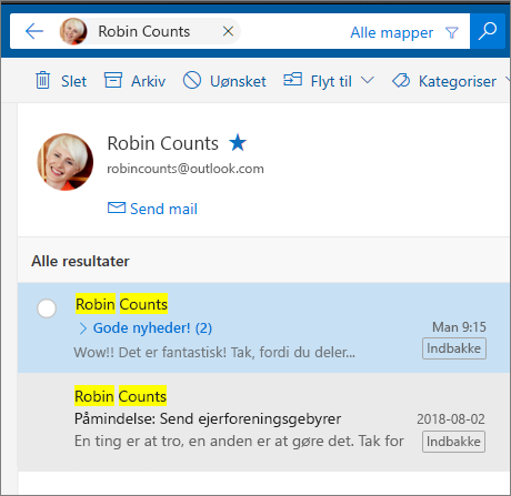 Søg efter en person for at få vist alle mails