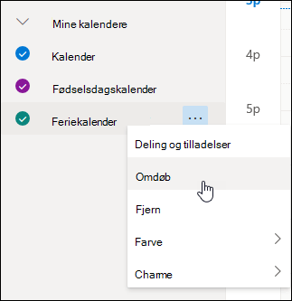Et skærmbillede af kontekstmenuen for kalenderen med Omdøb markeret