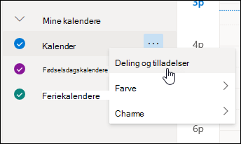 Et skærmbillede af markøren placeret over Deling og tilladelser i genvejsmenuen for kalenderen