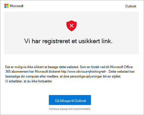 Et skærmbillede af skærmbilledet med advarsel om usikkert link
