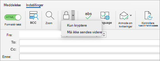 Viser knappen Kryptér i en e-mail-meddelelse