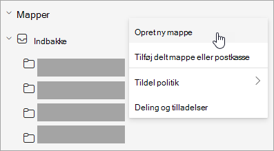 Skærmbillede af Opret ny mappe, der er valgt i menuen Flere indstillinger i mapperuden