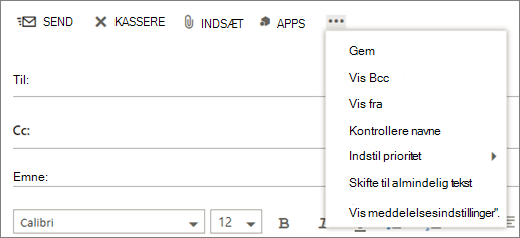 Et skærmbillede viser de indstillinger, der er tilgængelige fra kommandoen Mere på værktøjslinjen til mailmeddelelser.