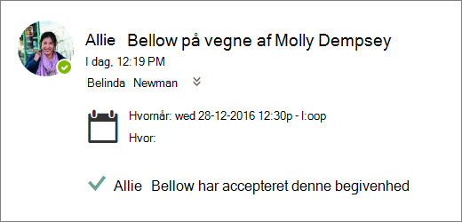 Et skærmbillede af en mødeindkaldelse, der er accepteret af en stedfortræder.