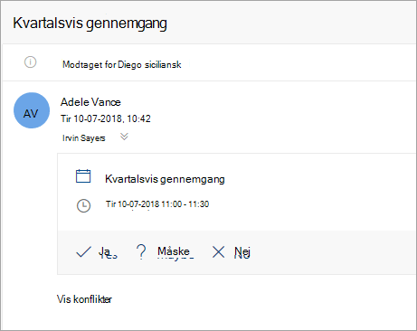 Et skærmbillede af en mødeindkaldelse er sendt til en stedfortræder.