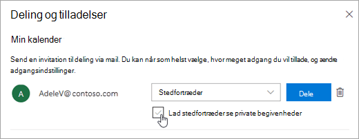 Et skærmbillede af afkrydsningsfeltet Lad stedfortræder se private begivenheder