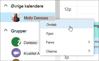 Et skærmbillede af genvejsmenuen Andre kalendere.