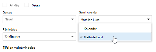 Et skærmbillede af menuen Gem i kalender.