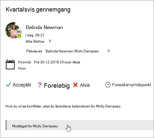 Et skærmbillede af en mødeindkaldelse sendt til en delt kalender.