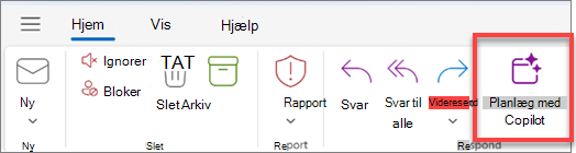 Viser Outlook-værktøjslinjen med knappen Tidsplan med Copilot fremhævet.