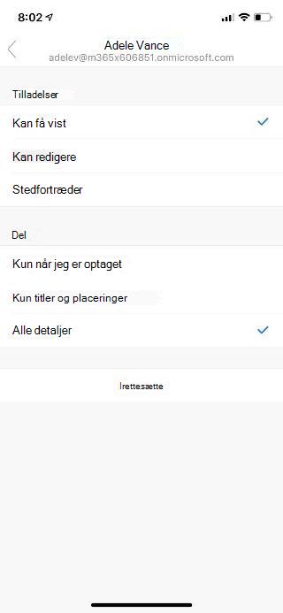 Viser en mobilskærm med navnet på en person øverst samt indstillinger for tilladelser og delingsindstillinger angivet nedenfor.