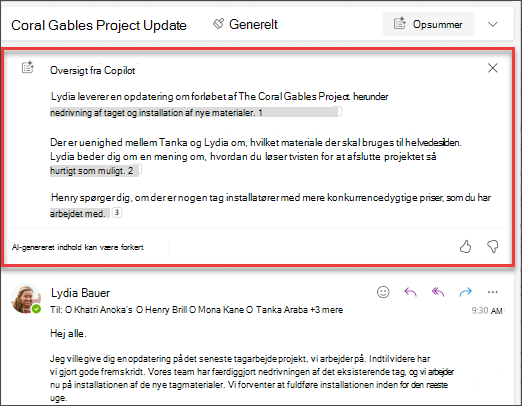Resumé af mailtråd med citater oprettet af Copilot.