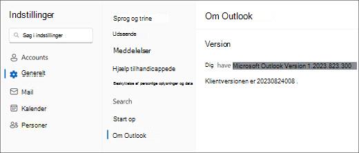 Billede af nye outlook til Windows-versionsoplysninger med Generelt og Om Outlook fremhævet.
