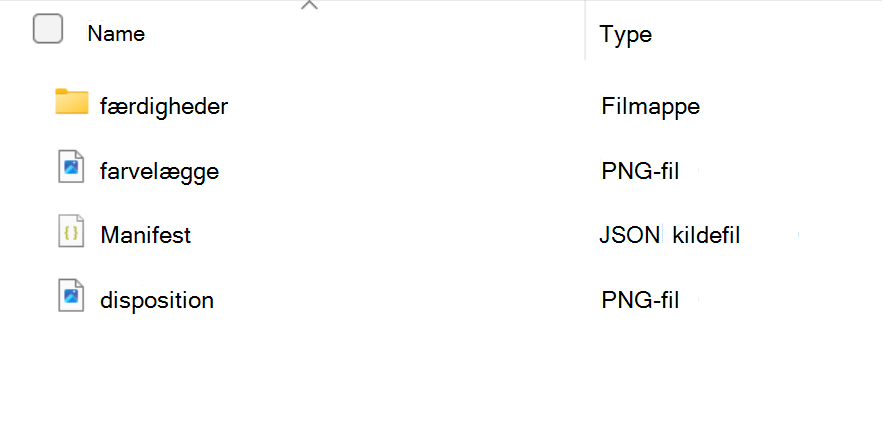 Skærmbillede, der viser indholdet af en færdighedspakkemappe: en kompetencemappe og color.png-, manifest.json- og outline.png-filerne.