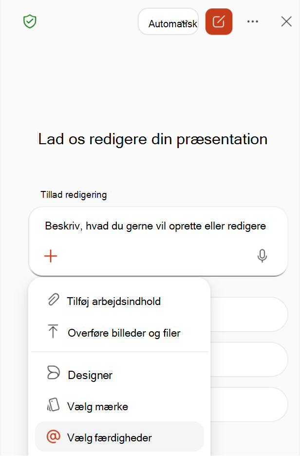 Skærmbillede, der viser, hvordan du vælger Vælg færdigheder i plusmenuen i Copilot-ruden.