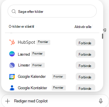 Skærmbillede, der viser connectorlisten med tilgængelige datakilder og forbindelsesknapper i PowerPoint.