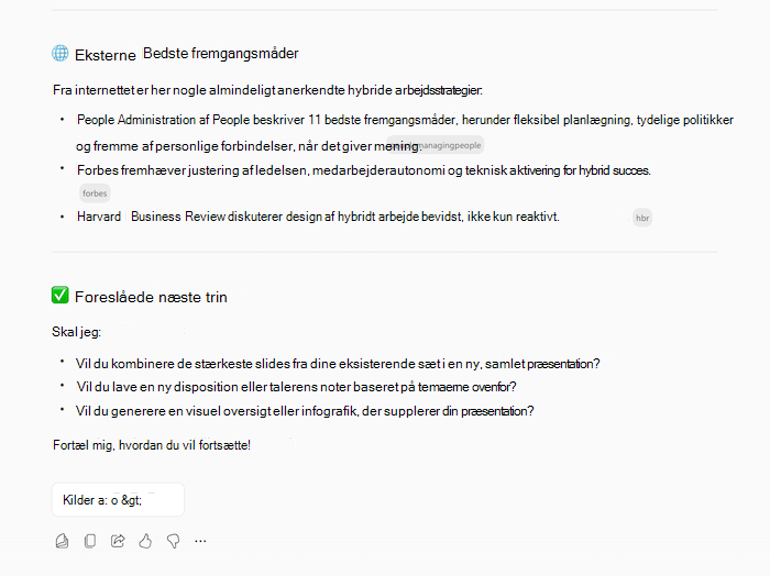 Et skærmbillede af Copilots-svar for at oprette en præsentation, der viser oplysninger om det ønskede emne og opfølgende spørgsmål.