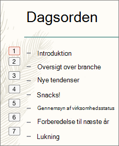 Hvert punkt på listen viser rækkefølgen af animationer i en lille boks til venstre