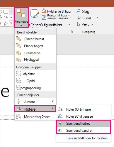 Viser indstillingerne for Arranger roter >> spejlvend i PowerPoint.