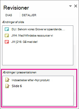 Ændringer i præsentationen