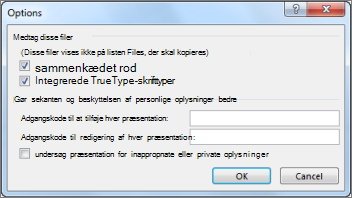 Dialogboksen Indstillinger i Pakke til cd