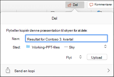Dialogboks, der tilbyder at uploade præsentationen til dit Microsoft-skylager, så delingen bliver problemfri.