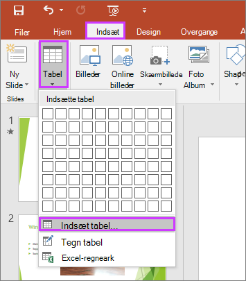 Viser indstillingen Tabel under fanen Indsæt på båndet i PowerPoint