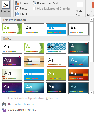 Viser temaindstillingerne til slidemasteren i PowerPoint