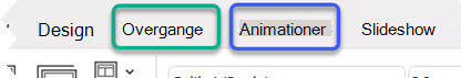 Delvist billede af PowerPoint-båndet, der fremhæver fanerne Overgange og Animationer.
