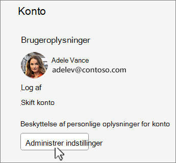 Dialogboksen Konto med knappen Administrer indstillinger markeret.