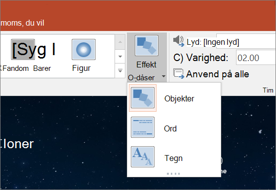 Viser indstillinger for overgangseffekt for overgangen Omform i PowerPoint 2016