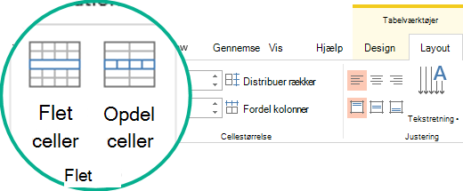Flet eller opdel celler i tabeller