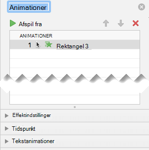 Animationsruden har effektindstillinger, tidsindstillinger og indstillinger for teksteffekt