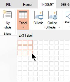 På fanen Indsæt skal du vælge Tabel.