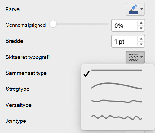 Indstillinger for stregformat i Mac med skitseret typografi er valgt