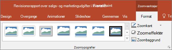 Viser forskellige Zoomtilstande og effekter, du kan vælge under fanen Format i PowerPoint.