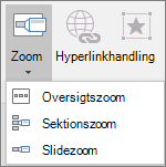 Viser forskellige typer zoom, der kan vælges, når du går til Indsæt > zoom: Oversigtszoom, Slidezoom og Sektionszoom.