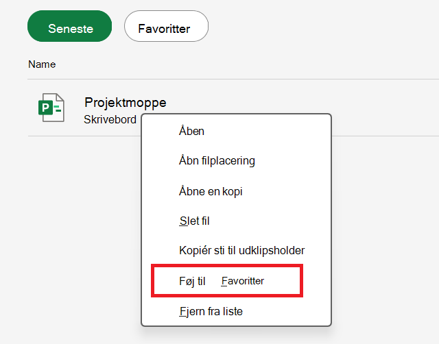 Skærmbillede, der viser Føj til favoritter.
