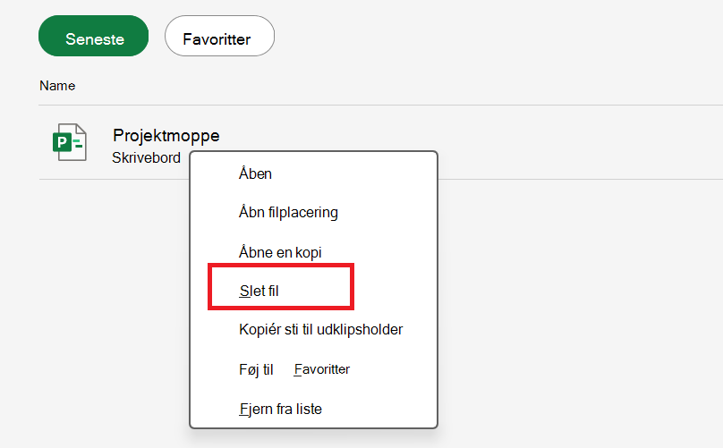 Skærmbillede, der viser indstillingen Slet fil.
