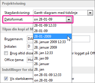 Liste med datoformat i dialogboksen Projektindstillinger
